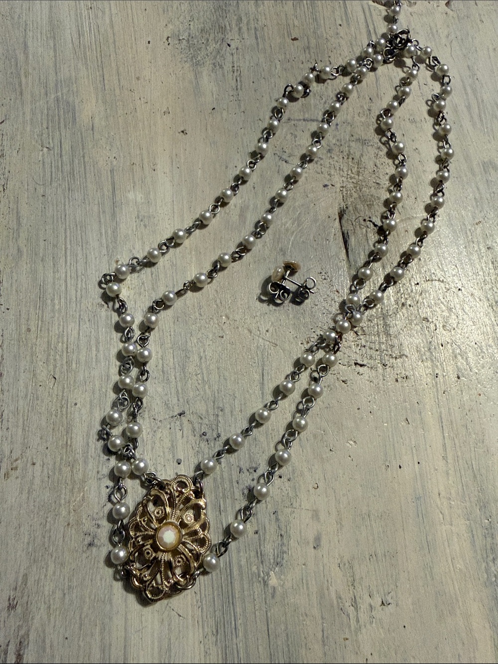 Vintage Gold Filigree Pearl + Aurora Jewelry Set - Necklace + Earrings